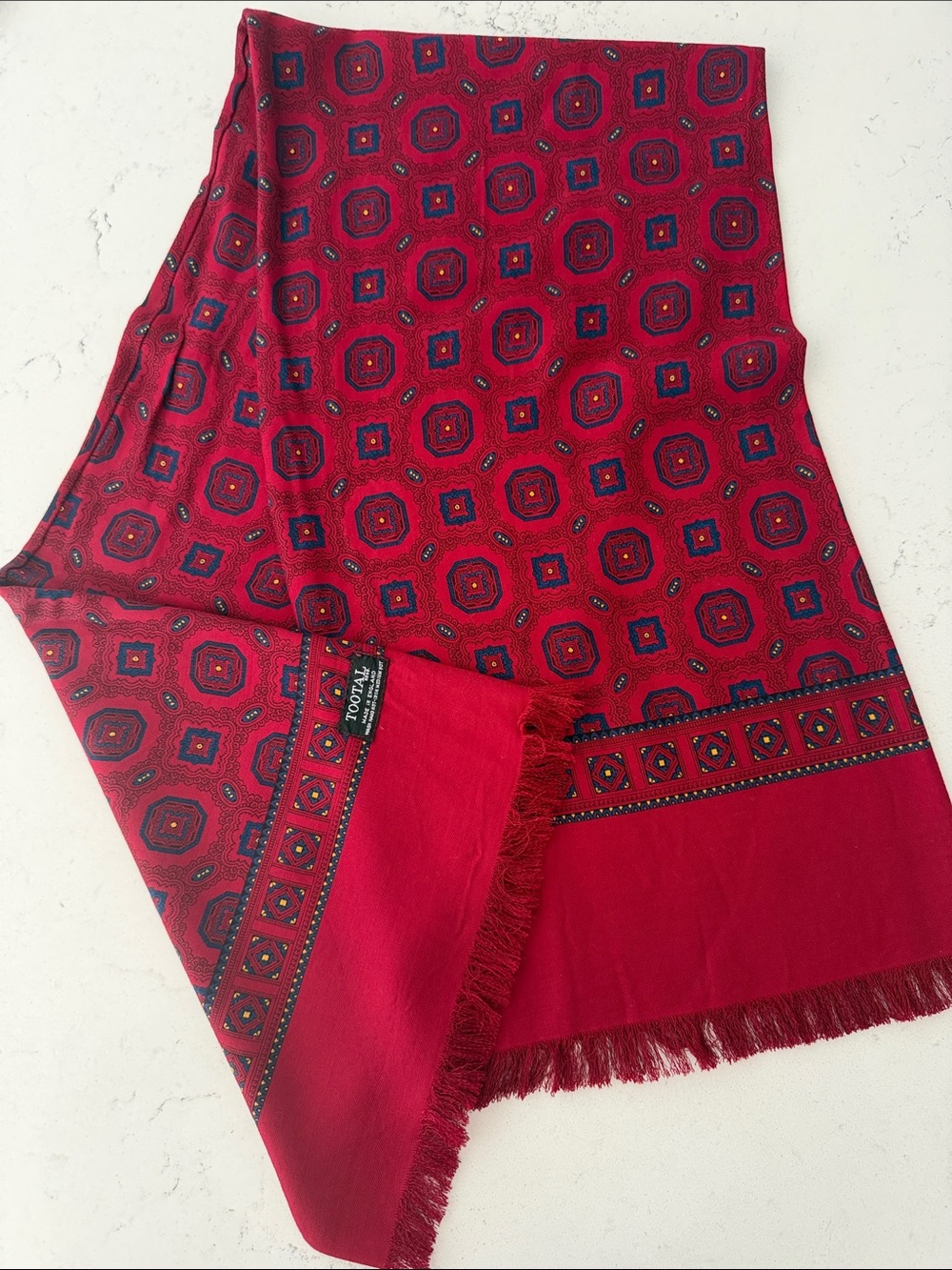 Vintage 1960s TOOTAL England Dark Red Geometric Patterned Scarf
